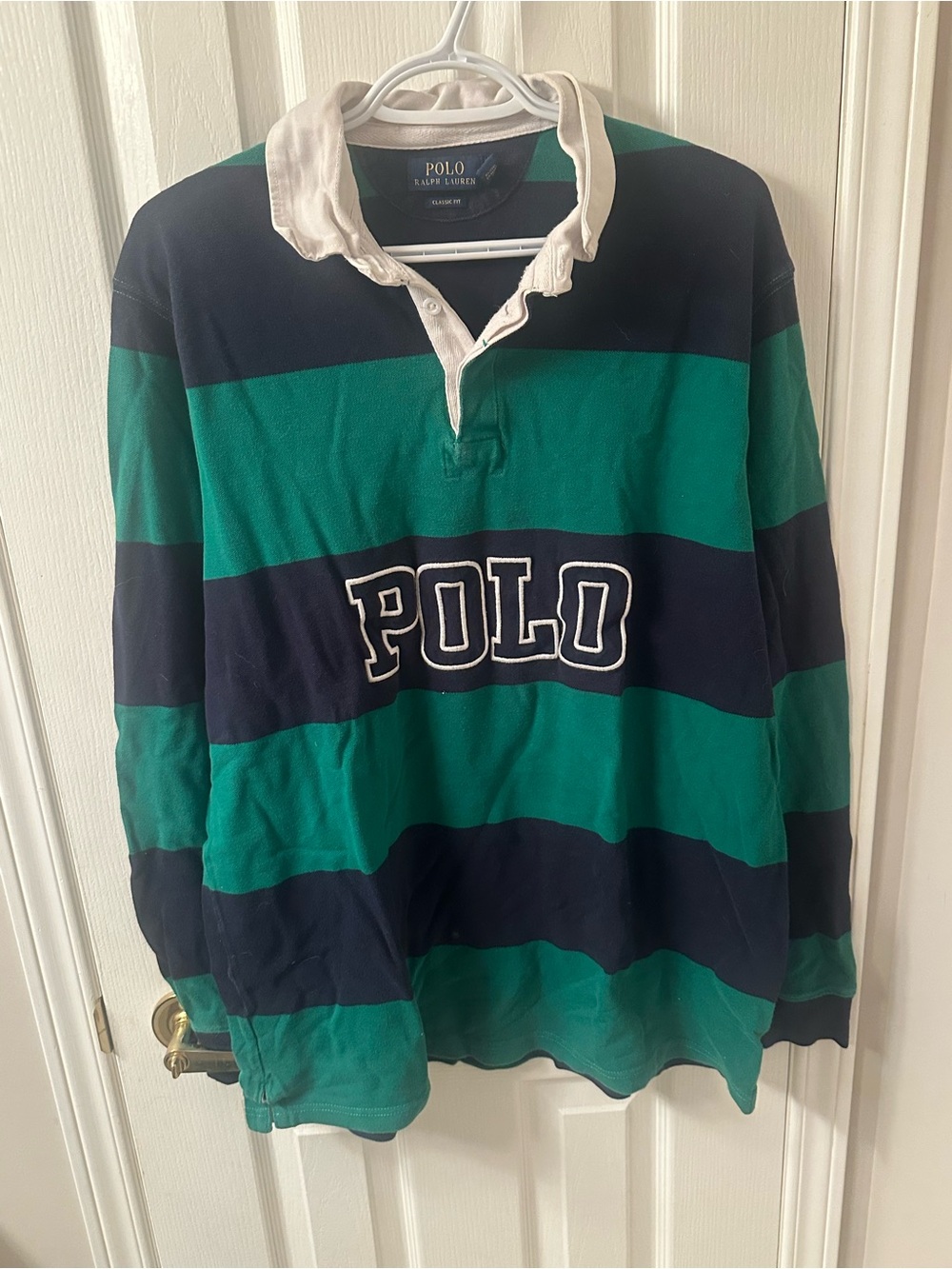 Ralph Lauren POLO Green & Navy Striped Rugby Shirt with White Collar